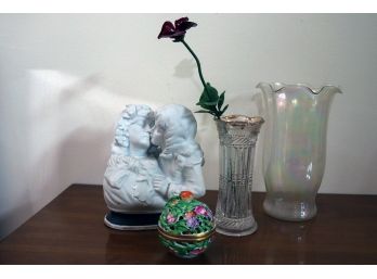 Mother & Child Bisque Statue Victorian With Stamp, Herend Hand Painted Trinket Dish & Opalescent Vase With Flo
