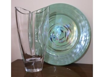 Beautiful Art Glass Plate With Swirl Design & Nambe Vase