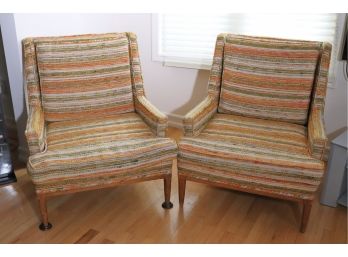 Fun Pair Of Custom Vintage 70s Mcm Arm Chairs With Custom Woven Upholstery As Pictured