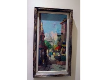 Signed Painting By The Artist Jacques Cordier On Canvas Of A French Street Scene In A Rustic Finished Wood Fra