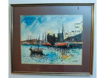 Framed Vintage Watercolor Sailboat Scene Signed By Artist Diaz In A Matted Frame