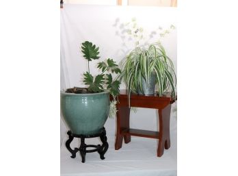 Crackle Seafoam Green Finished Planter With Ornate Wood Stand, Includes Small Wood Side Table & Plant Decor