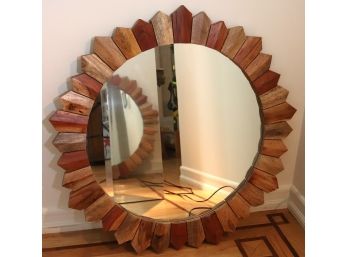 Unique Carved Wood Sunburst Mirror Approximately 36 Inch Diameter- Different Types Of Wood/Fence Post Desi