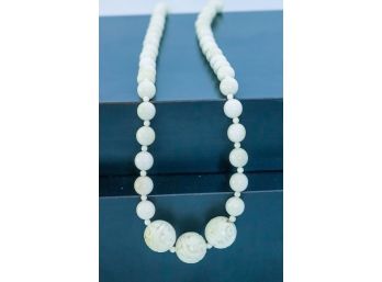 Beaded Bone Necklace With 3 Larger Asian Inspired Engraved Beads