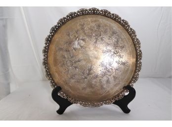 Sterling Silver Footed Tray By Topazio (Portugal), Pierced Rim And Etched Floral Design