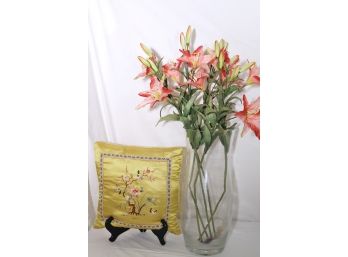 Asian Silk Pillow With Floral Detailing & Tall Glass Vase