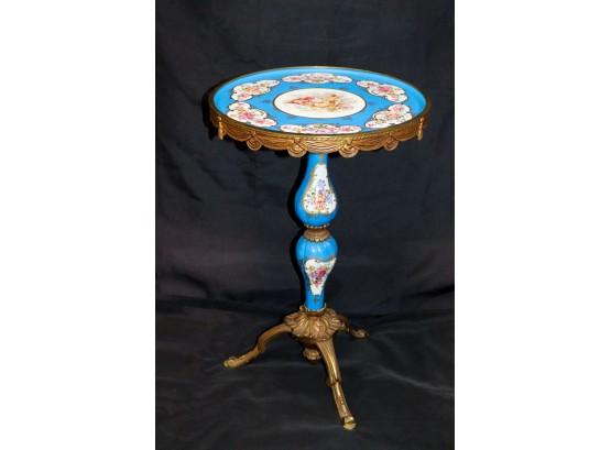 Marvelous Vintage Brass/Enamel Pedestal Table With Beautiful Colors & Floral Design