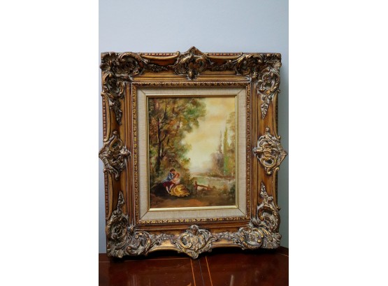 Courting Lovers Painting Signed By The Artist B. Lasits In An Ornate Gilded Carved Wood Frame