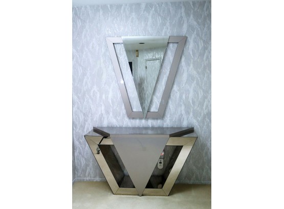Contemporary Formica Mirror Finished Console With A Matching Mirror