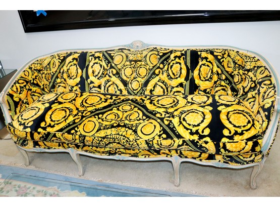 Vintage French Country Carved Curved Wood Sofa With Custom Versace Velvet Fabric, Distressed Finish & Tufte