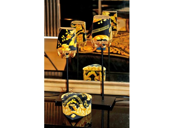Pair Of Custom Table Lamps With Versace Fabric Shades Includes Heart Shaped Trinket Box With Versace Fabric