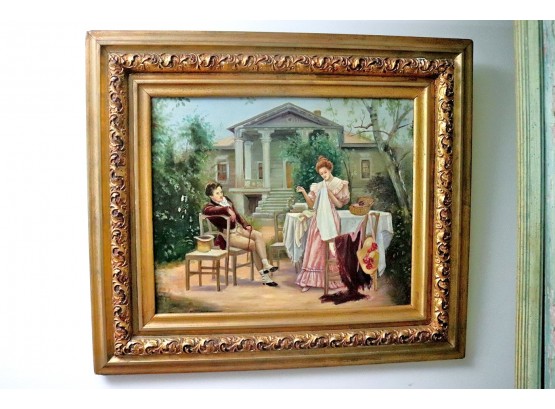 Vintage Painting On Canvas Of Lovers Courting