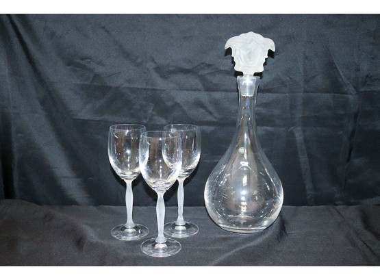 Frosted Versace Medusa Stopper With Decanter By Rosenthal Studio Line, Includes 3 Wine Glasses