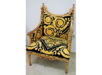 Carved French Louis The 16th Gilded Arm Chair With Custom Versace Fabric, Gilded Detail, Acorn Finials