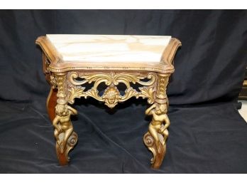 Highly Carved Vintage Louis XVI Side Table With A Marble Stone Top & Carved Cherub Accents