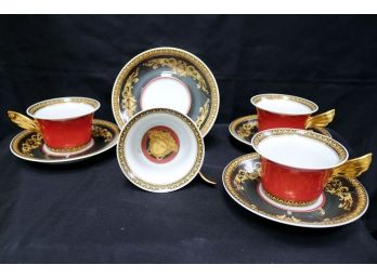 Versace Medusa Red Cup & Saucer Set By Rosenthal Studio Line Germany Includes 4 Cups & 4 Saucers