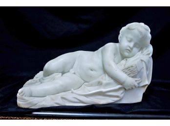Large Vintage Carved Italian Marble Sleeping Putti Sculpture Of Cupid Laying