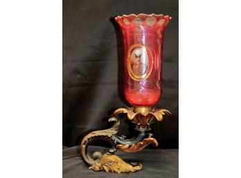 Antique Cranberry Glass Portrait Table Lamp On A Heavy Cast Metal Base