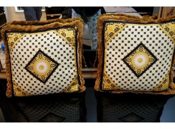 Pair Of Custom Satin Versace Fabric Upholstered Pillows