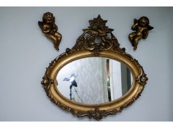 Vintage Carved Wood Mirror & Cupid Cherub Wall Accents