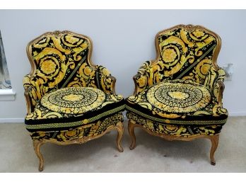 .Vintage French Louis 15th Style Carved Wood Chairs With Custom Versace Fabric & Painted Distressed Finish
