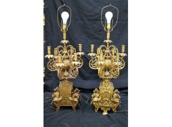 Pair Of Large Antique Heavy Ornate Gilt Bronze Candelabra Pegasus Lamps With Versace Style Emblem, Electrified