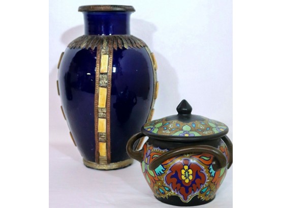 Exotic Blue Porcelain Vase With Bone Inlay & Antique Gouda Biscuit Jar
