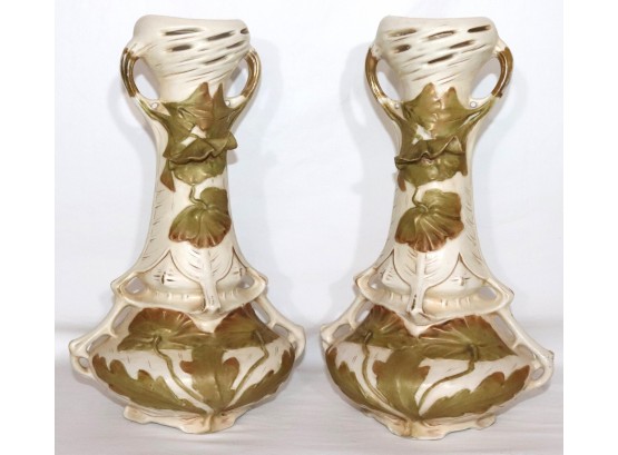 Pair Royal Dux Art Nouveau Lotus Leaf Vases As Lamps