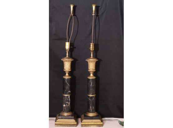 Pair Neoclassical Marble Candlestick Lamps With Gold Highlights