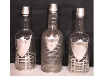 Lot Of Three Antique Liquor Bottles With Heavy Silver Overlay