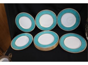 11 Wedgwood Dinner Plates With Turquoise Border