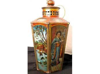 Gorgeous Tall Antique Lantern With Reverse Painted Glass Panels Of Asian Scenes