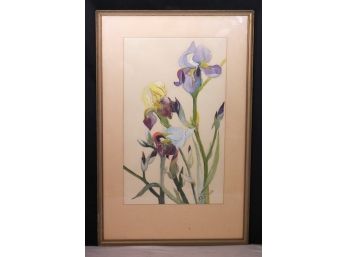 Signed Vintage Pastel Painting Of Springtime Irises In Original Frame