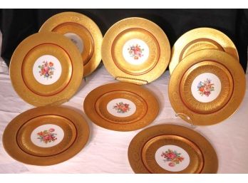 Gorgeous Lot Of 8 Heinrich Bavaria Porcelain Gilt Plates With Floral Center