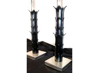 Pair Of Tall Vintage Hollywood Regency Style Lamps With Black Palm Bark Design
