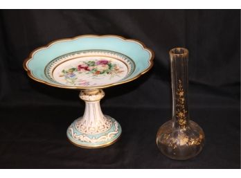 Turquoise Pedestal Plate By Davenport Staffordshire & Delicate Bud Vase With Gilt Decoration