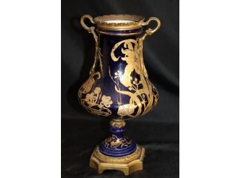 Antique Sevres Art Nouveau Cobalt Blue Urn With Bronze Mounts