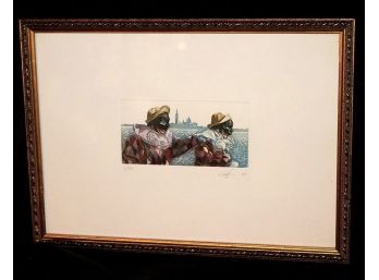 Hand Colored Lithograph Of Venetian Revelers In Masks Signed & Numbered