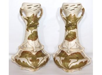 Pair Royal Dux Art Nouveau Lotus Leaf Vases As Lamps