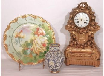 Antique French Gilt Wood Clock, Limoges Porcelain Plate & Moriage Glass Vase