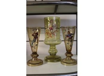 Antique Hand Painted Glass Vase & Pair Of Drinking Glasses With Fun Loving Courtiers