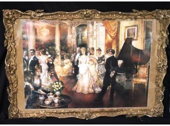 Enchanting Print Of Musical Salon Scene With Elaborate Gold Frame