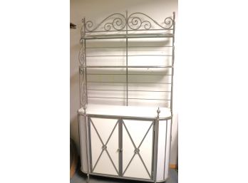 Fabulous MCM Bakers Rack In Iron & Steel With Milk Glass Shelves