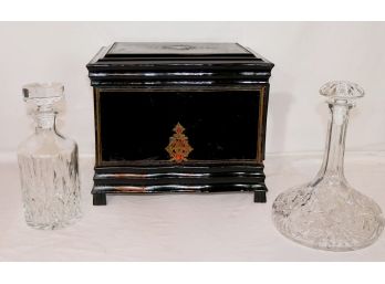 Ebonized Tantalus Box With Boulle Work & 2 Crystal Decanters