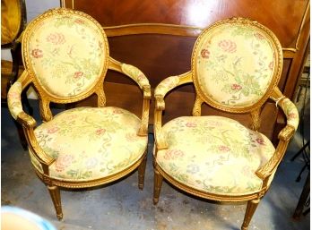 Pair Of Elegant French Bergres Armchairs With Damask Floral Upholstery