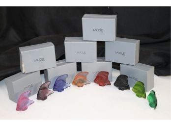 Eight Petite Lalique Crystal Multicolored Fish With Boxes And Pouches