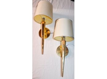 Pair Pacific Heights Brass Sconces With Spire Stem & Silk Shades