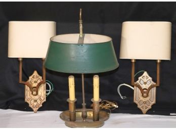 Art Deco Look Brass Wall Sconces With Original Shades & French Bouillotte Lamp