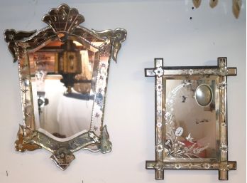 Two Lovely Unique Petite Venetian Mirrors With Etched Design.