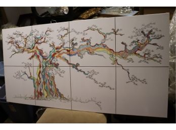 Eight-Piece Tile Mural Of Colorful Magical Tree Signed Marjan